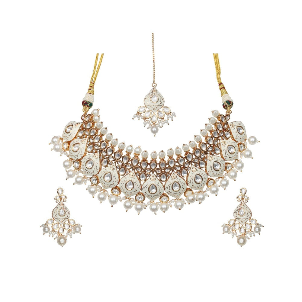 Akulya Jewels White Minakari Kundan Pearl Choker (Set of 3)