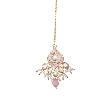 Akulya Jewels Blush Pink Minakari Kundan Pearl Choker (Set of 3)
