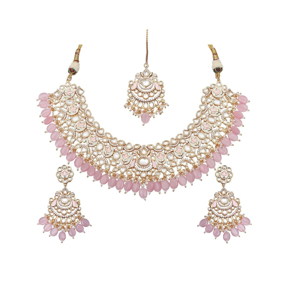 Akulya Jewels Blush Pink Minakari Kundan Choker (Set of 3)