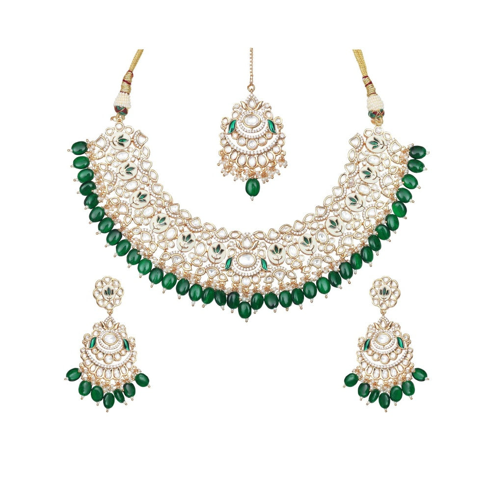 Akulya Jewels Emerald Green Minakari Kundan Choker (Set of 3)