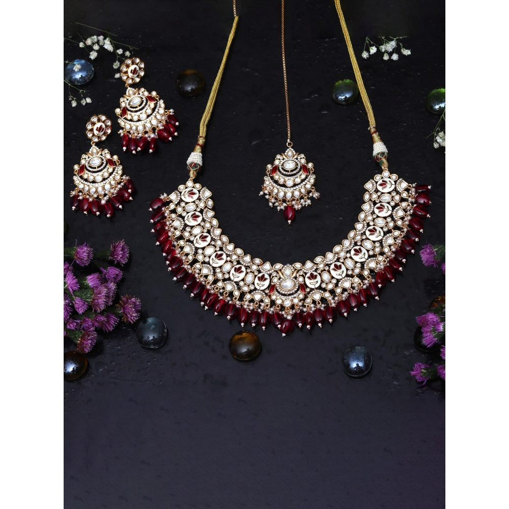 Akulya Jewels Vibrant Red Minakari Kundan Choker (Set of 3)