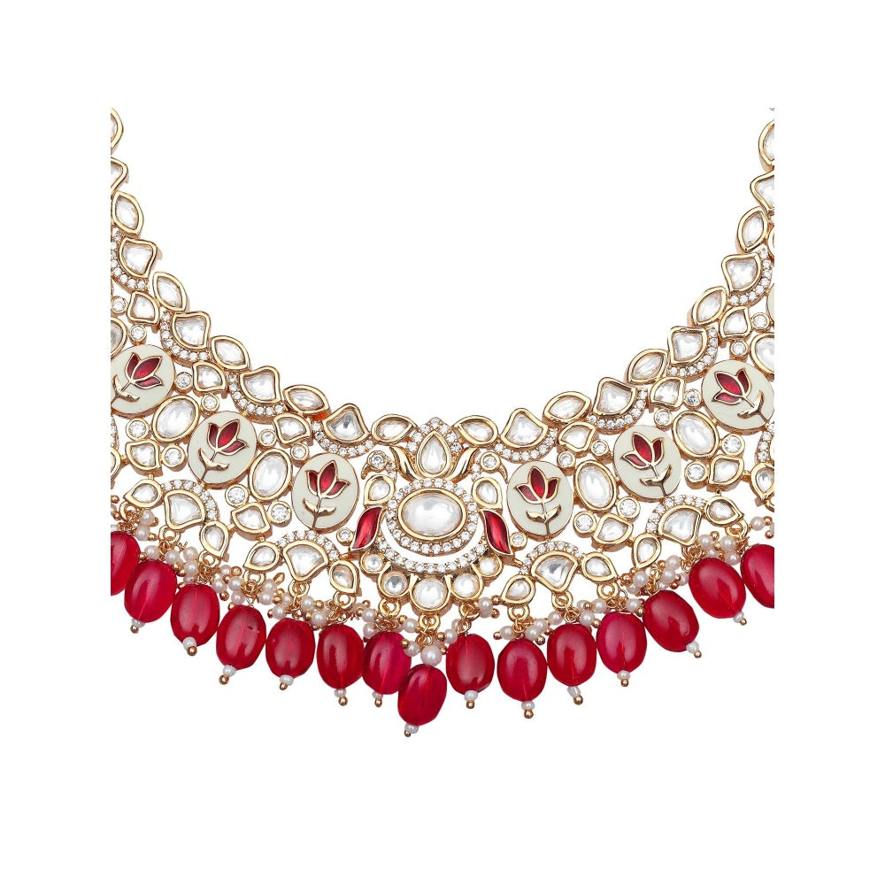 Akulya Jewels Vibrant Red Minakari Kundan Choker (Set of 3)