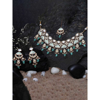 Akulya Jewels Gold Finished Mint Minakari Kundan Choker (Set of 3)