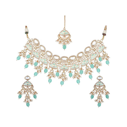 Akulya Jewels Gold Finished Mint Minakari Kundan Choker (Set of 3)