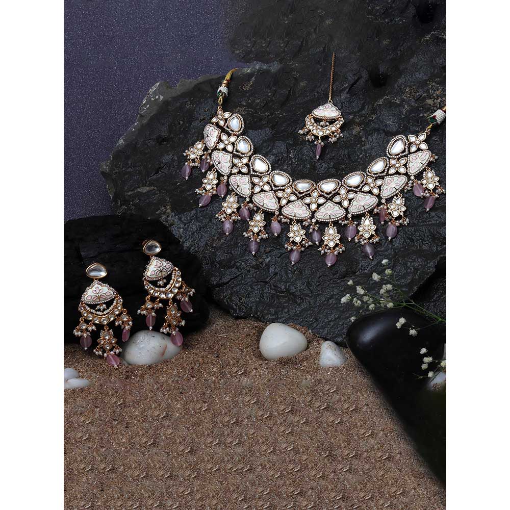 Akulya Jewels Gold Finished Pink Minakari Kundan Choker (Set of 3)