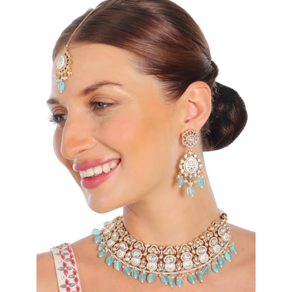 Akulya Jewels Turquoise Minakari Kundan Choker (Set of 3)