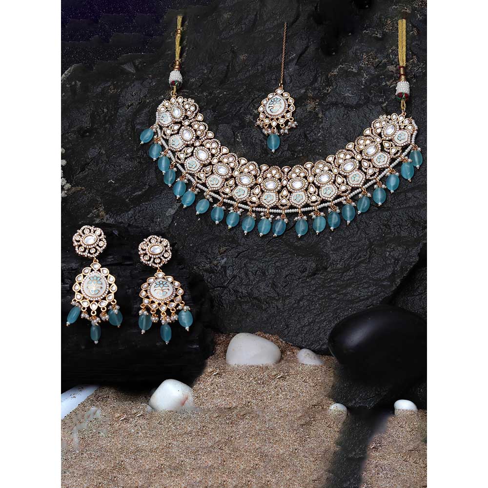 Akulya Jewels Turquoise Minakari Kundan Choker (Set of 3)