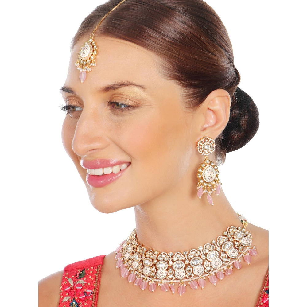 Akulya Jewels Powder Pink Minakari Kundan Choker (Set of 3)