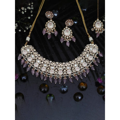 Akulya Jewels Powder Pink Minakari Kundan Choker (Set of 3)