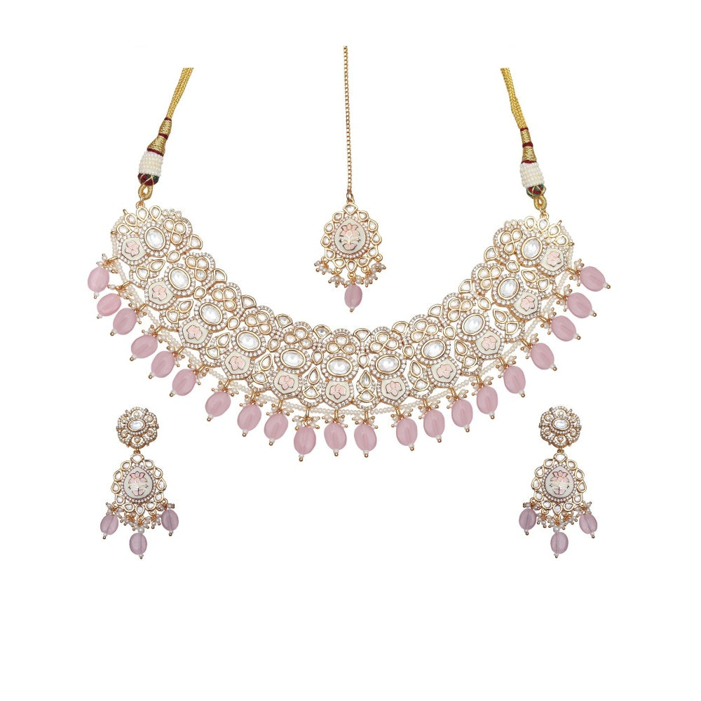 Akulya Jewels Powder Pink Minakari Kundan Choker (Set of 3)