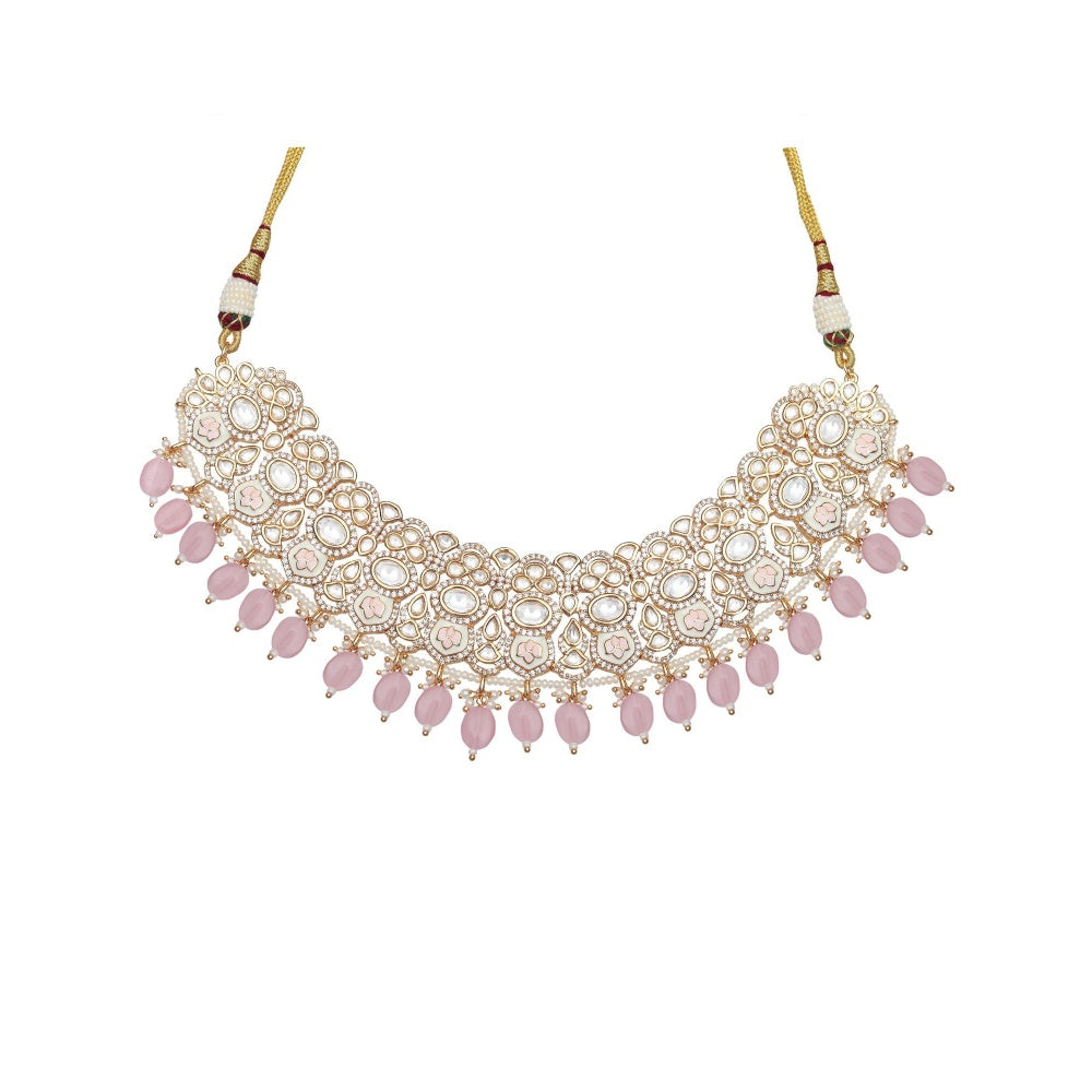 Akulya Jewels Powder Pink Minakari Kundan Choker (Set of 3)