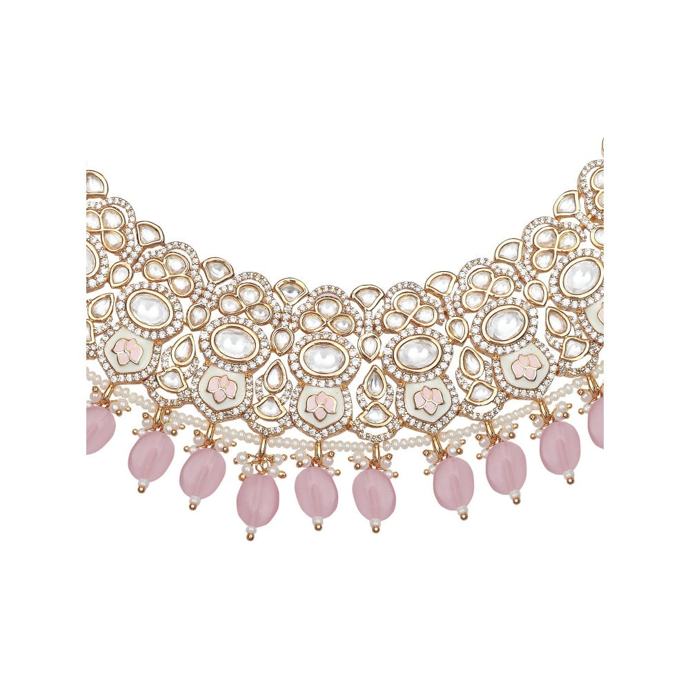 Akulya Jewels Powder Pink Minakari Kundan Choker (Set of 3)