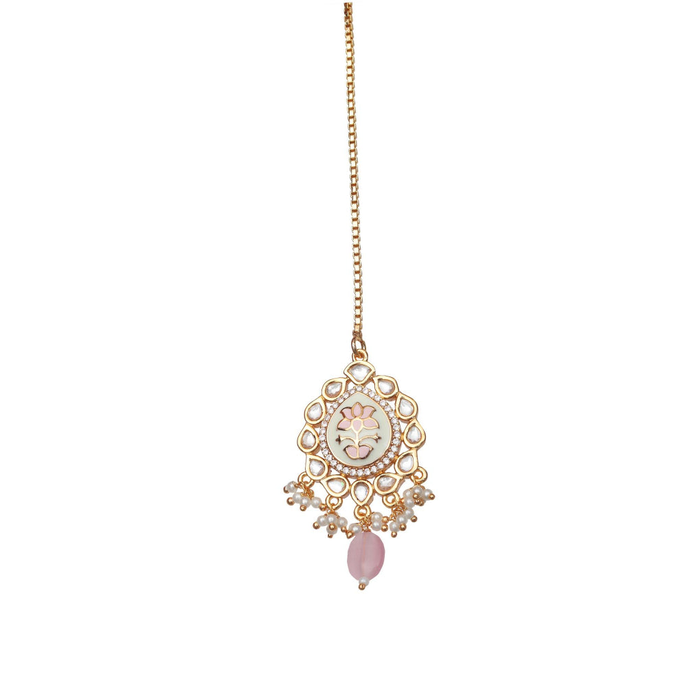 Akulya Jewels Powder Pink Minakari Kundan Choker (Set of 3)