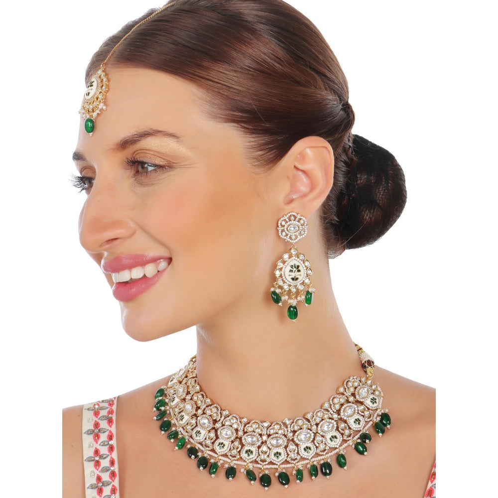 Akulya Jewels Emerald Green Minakari Kundan Choker (Set of 3)