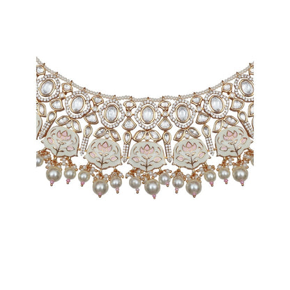 Akulya Jewels White and Pink Minakari Kundan Choker (Set of 3)
