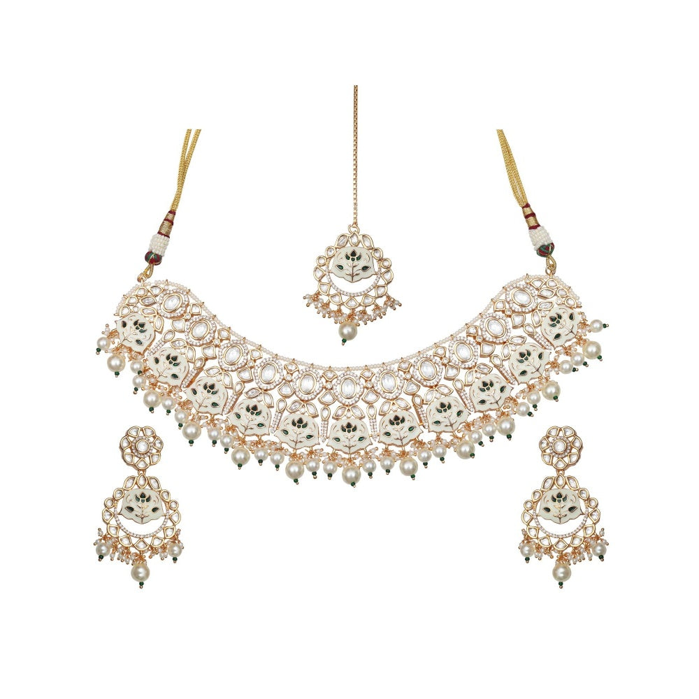 Akulya Jewels Green and White Minakari Kundan Choker (Set of 3)