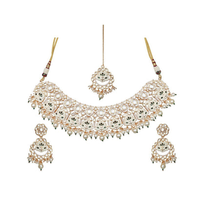 Akulya Jewels Green and White Minakari Kundan Choker (Set of 3)