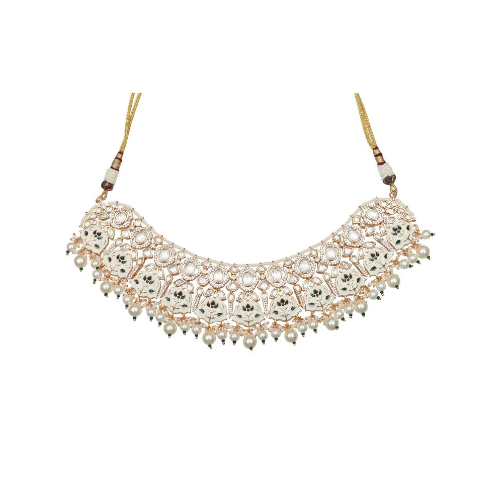 Akulya Jewels Green and White Minakari Kundan Choker (Set of 3)