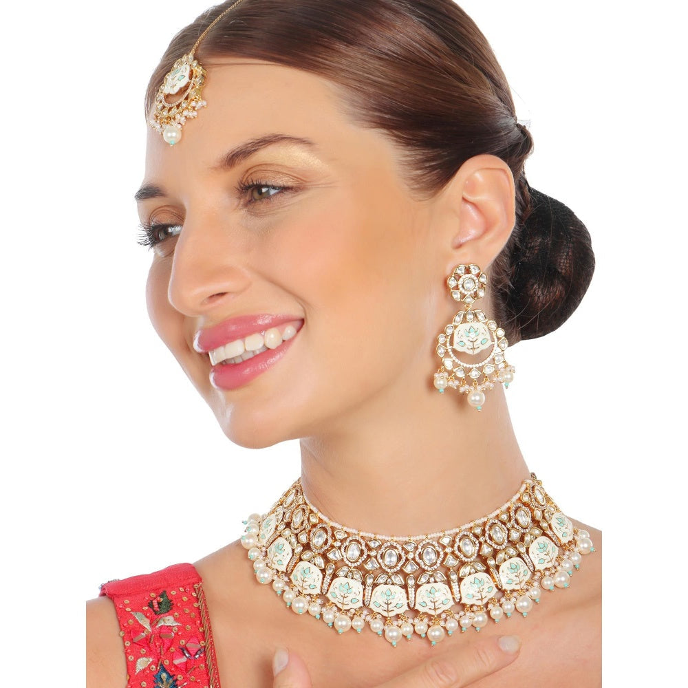 Akulya Jewels Turquoise and White Minakari Kundan Choker (Set of 3)