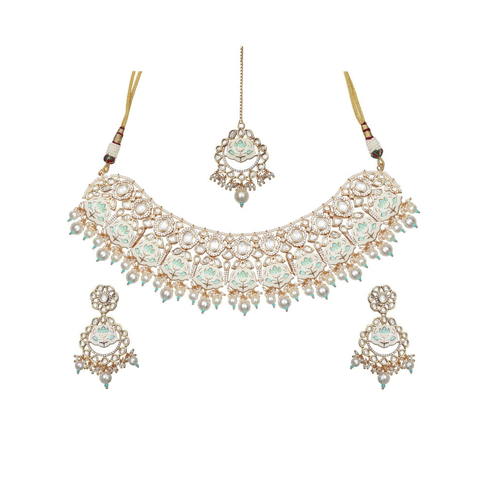 Akulya Jewels Turquoise and White Minakari Kundan Choker (Set of 3)