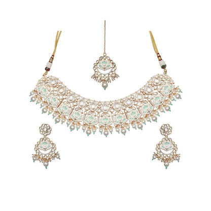 Akulya Jewels Turquoise and White Minakari Kundan Choker (Set of 3)