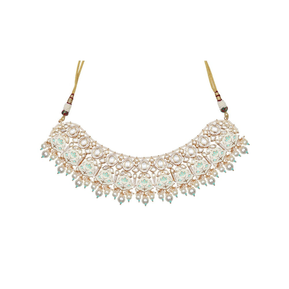 Akulya Jewels Turquoise and White Minakari Kundan Choker (Set of 3)