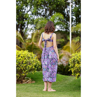 AlterEGO Purple Penny Pretty Printed Back Tie Midi Dress