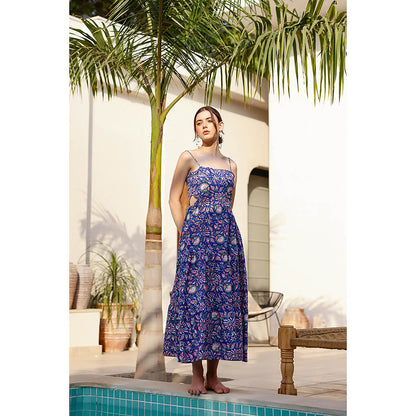AlterEGO Blue Jeda Cut Out Printed Midi Dress