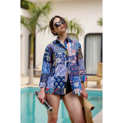 AlterEGO Blue Havana Upcycled Printed Patch Shirt