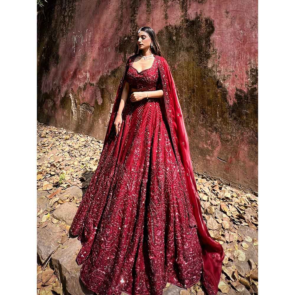 Amaltas Couture Ishana Maroon Embroidered Blouse with Lehenga and Dupatta (Set of 3)