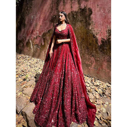 Amaltas Couture Ishana Maroon Embroidered Blouse with Lehenga and Dupatta (Set of 3)