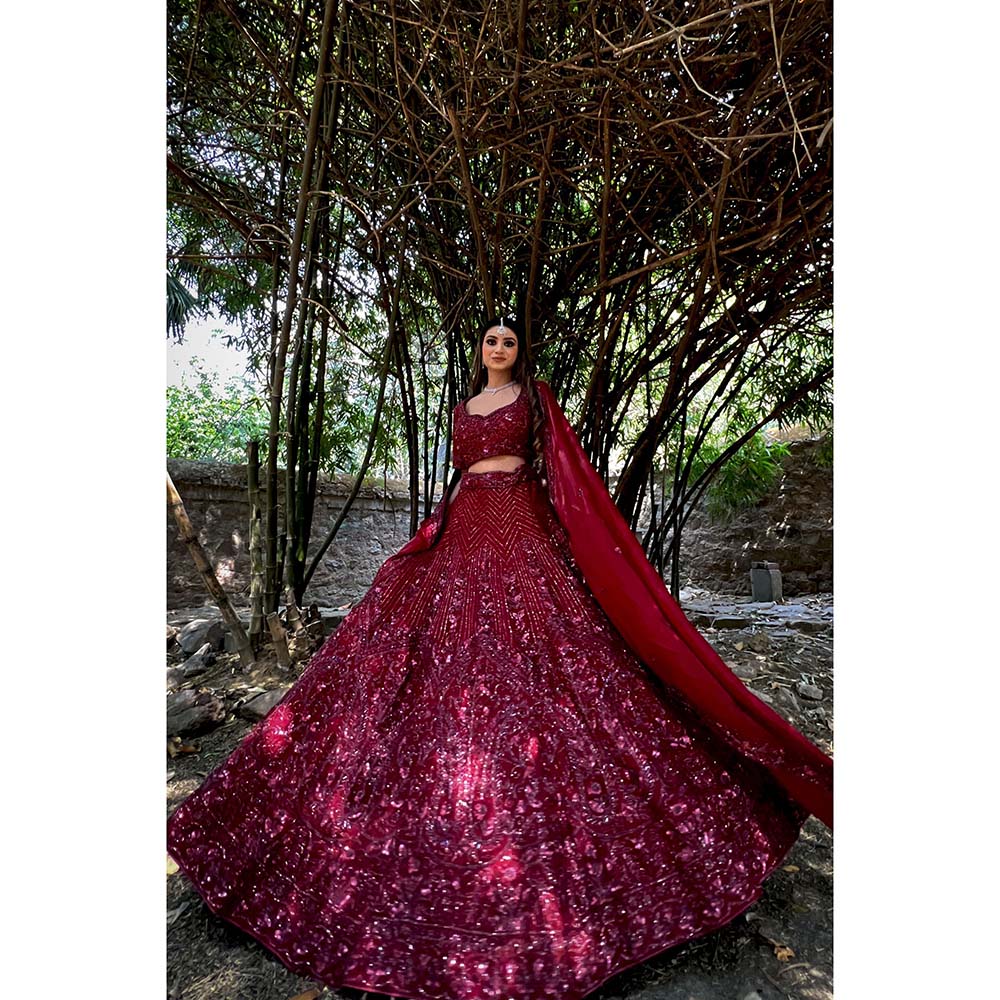 Amaltas Couture Ishana Maroon Embroidered Blouse with Lehenga and Dupatta (Set of 3)