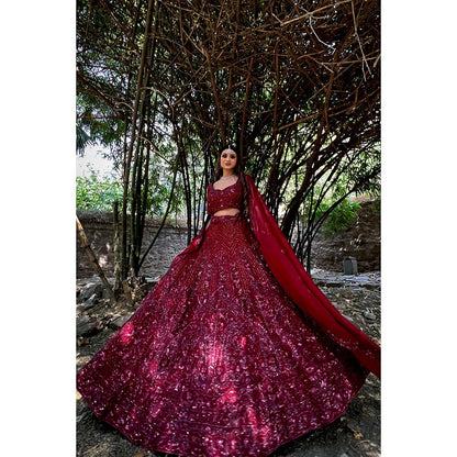 Amaltas Couture Ishana Maroon Embroidered Blouse with Lehenga and Dupatta (Set of 3)