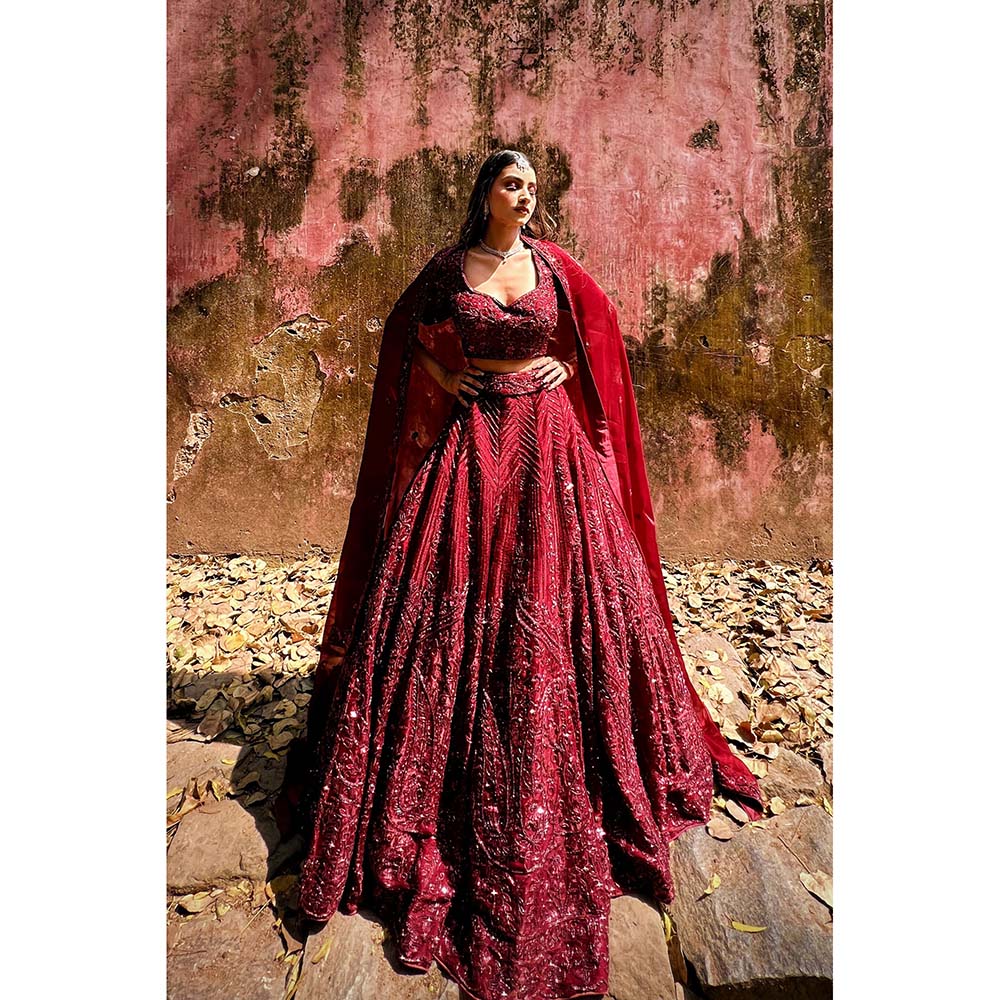 Amaltas Couture Ishana Maroon Embroidered Blouse with Lehenga and Dupatta (Set of 3)
