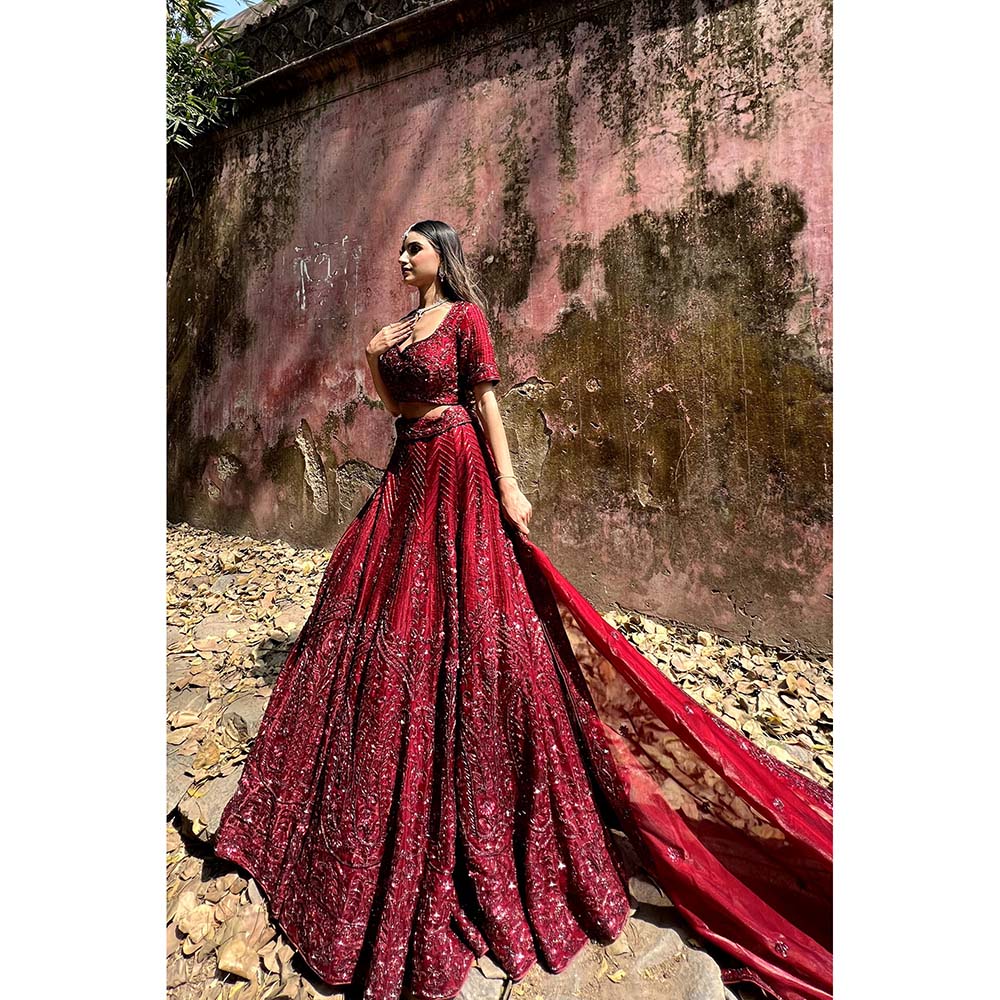 Amaltas Couture Ishana Maroon Embroidered Blouse with Lehenga and Dupatta (Set of 3)