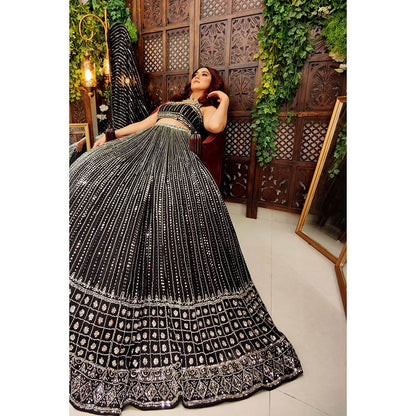 Amaltas Couture Kinza Black Embroidered Blouse with Lehenga and Dupatta (Set of 3)