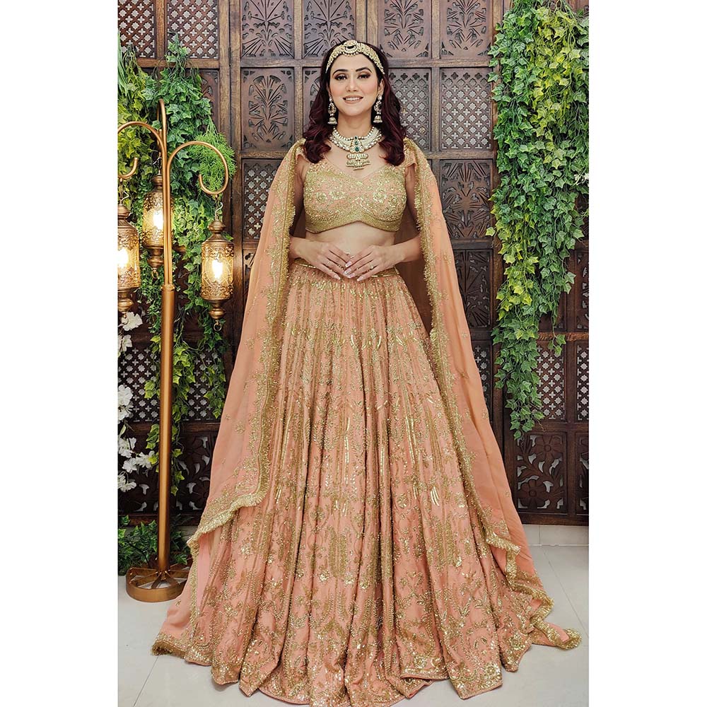 Amaltas Couture Eshaal Peach Embroidered Blouse with Lehenga and Dupatta (Set of 3)