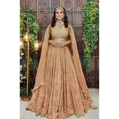 Amaltas Couture Eshaal Peach Embroidered Blouse with Lehenga and Dupatta (Set of 3)