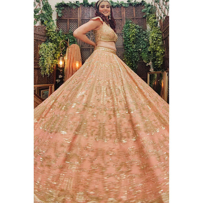 Amaltas Couture Eshaal Peach Embroidered Blouse with Lehenga and Dupatta (Set of 3)