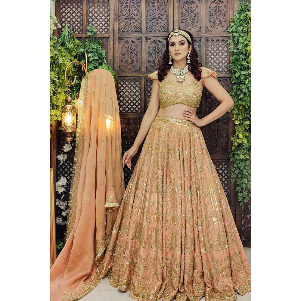 Amaltas Couture Eshaal Peach Embroidered Blouse with Lehenga and Dupatta (Set of 3)