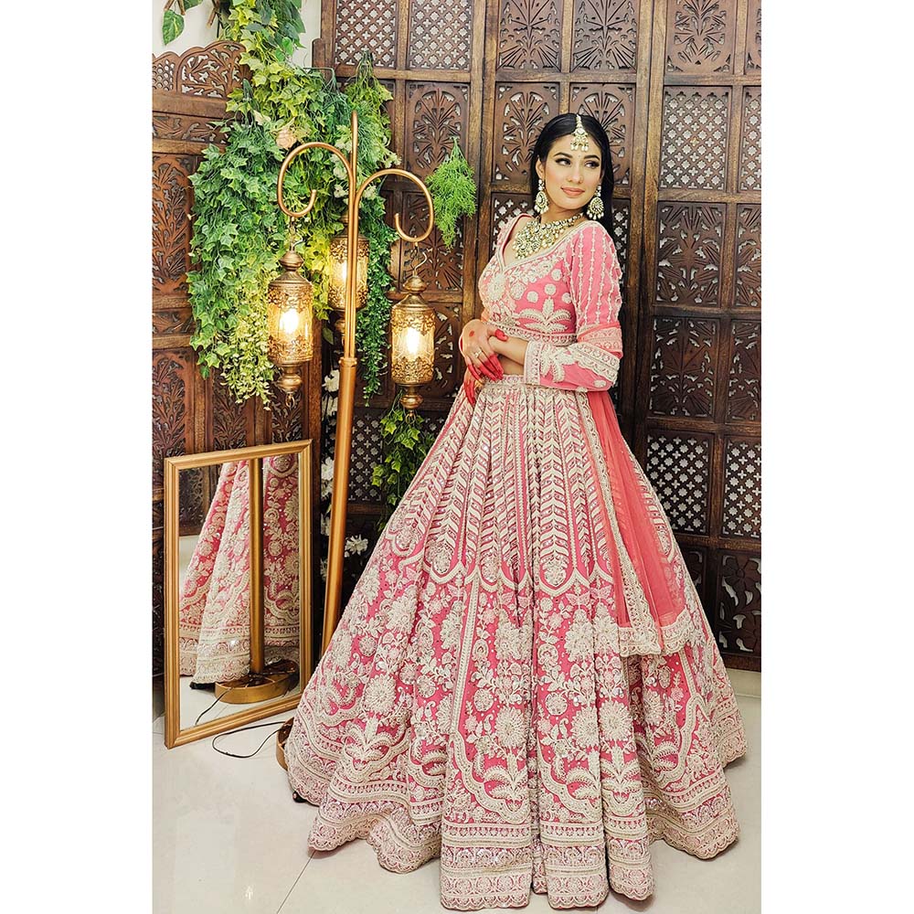 Amaltas Couture Naaz Flamingo Pink Embroidered Blouse with Lehenga and Dupatta (Set of 3)