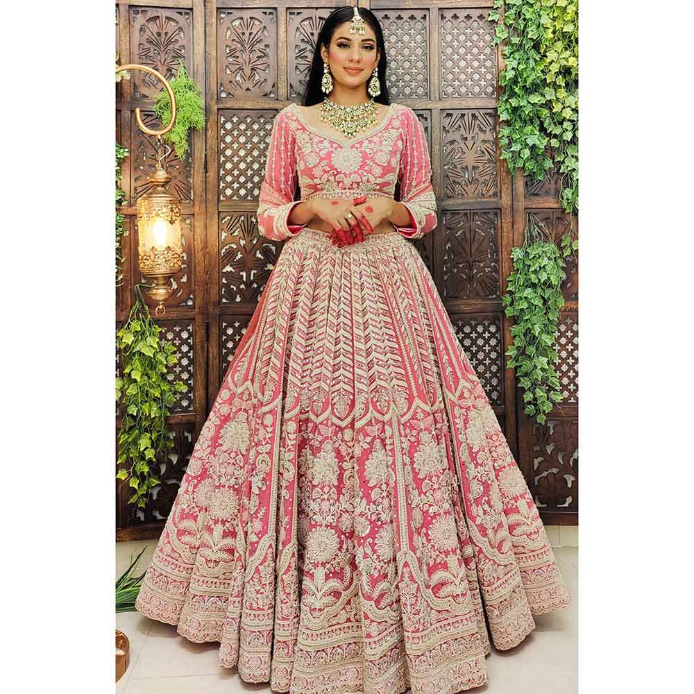 Amaltas Couture Naaz Flamingo Pink Embroidered Blouse with Lehenga and Dupatta (Set of 3)