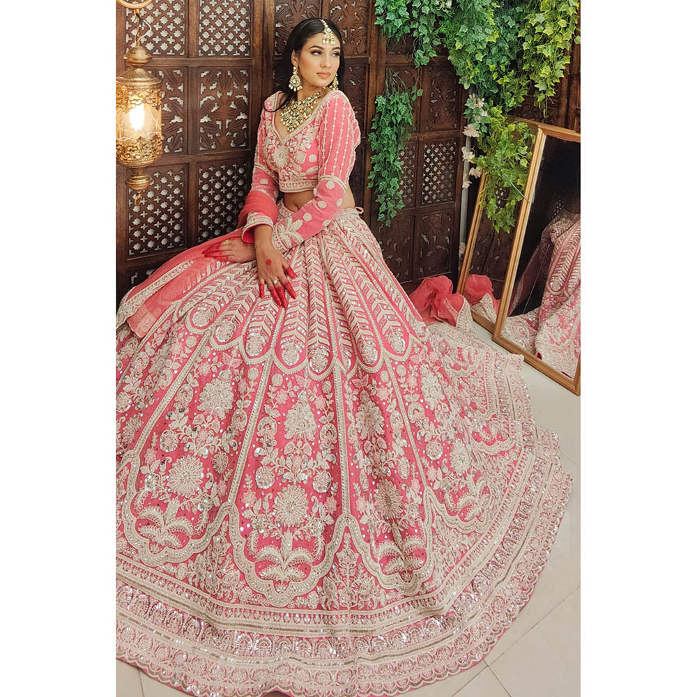Amaltas Couture Naaz Flamingo Pink Embroidered Blouse with Lehenga and Dupatta (Set of 3)