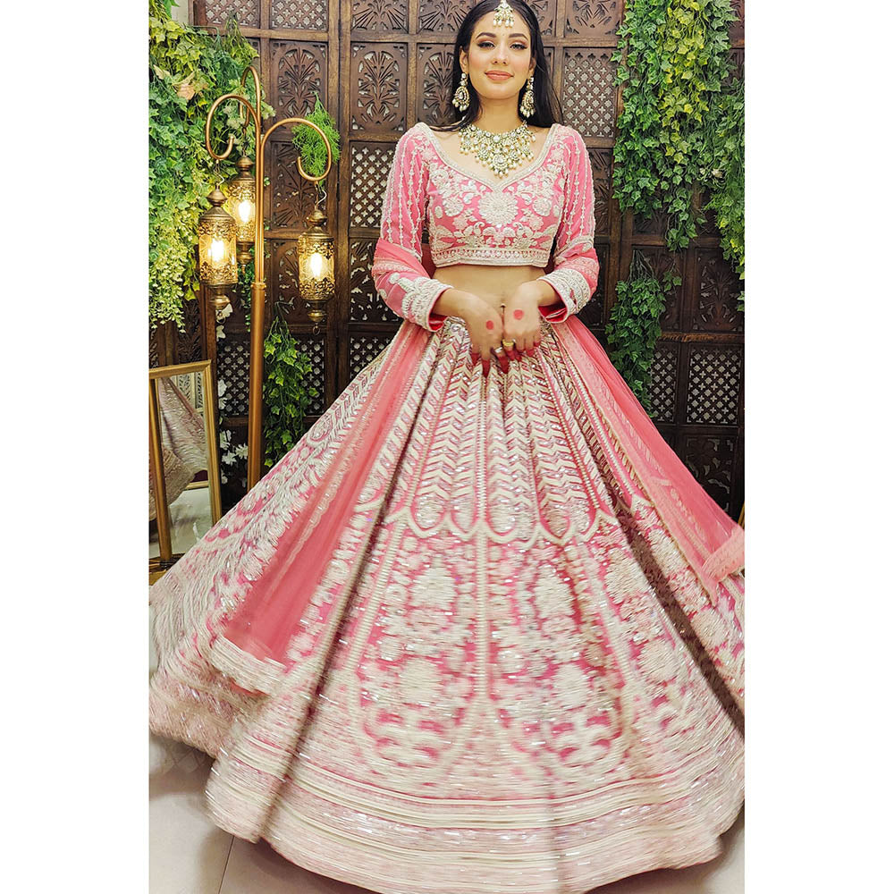 Amaltas Couture Naaz Flamingo Pink Embroidered Blouse with Lehenga and Dupatta (Set of 3)