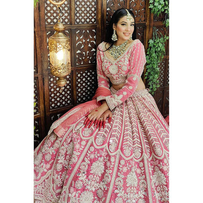 Amaltas Couture Naaz Flamingo Pink Embroidered Blouse with Lehenga and Dupatta (Set of 3)