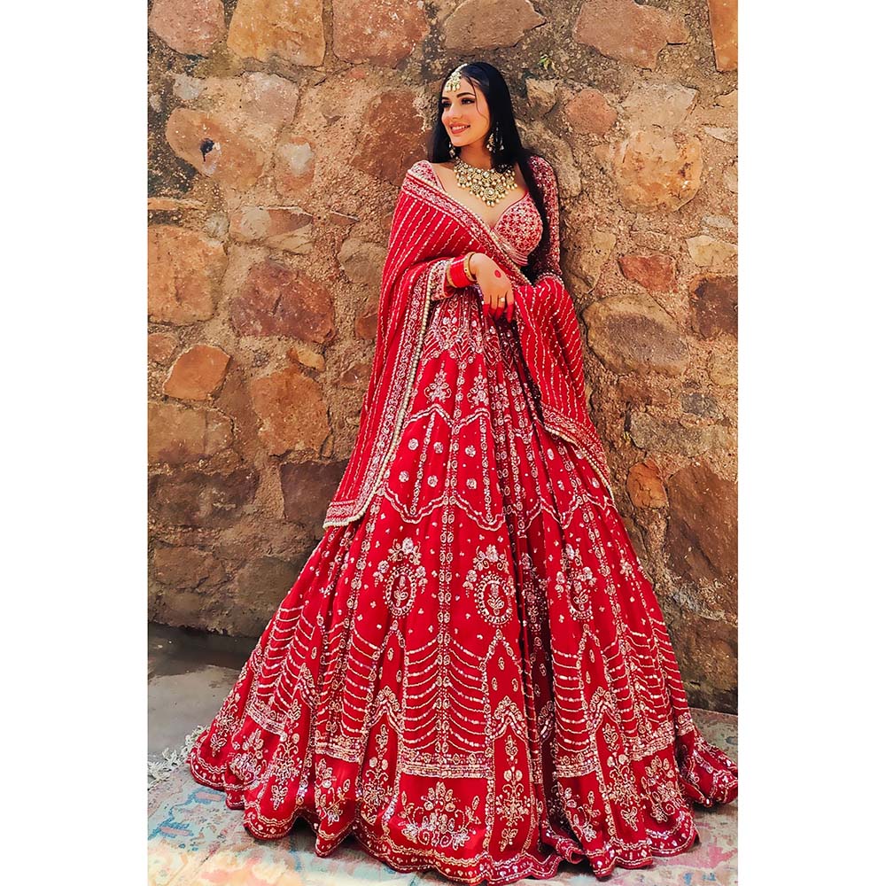 Amaltas Couture Naazim Raw Silk Red Embroidered Blouse with Lehenga and Dupatta (Set of 3)