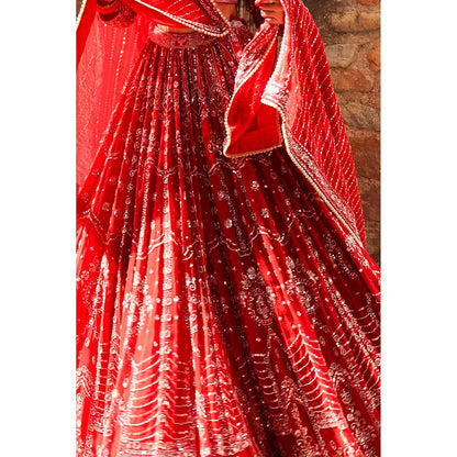 Amaltas Couture Naazim Raw Silk Red Embroidered Blouse with Lehenga and Dupatta (Set of 3)