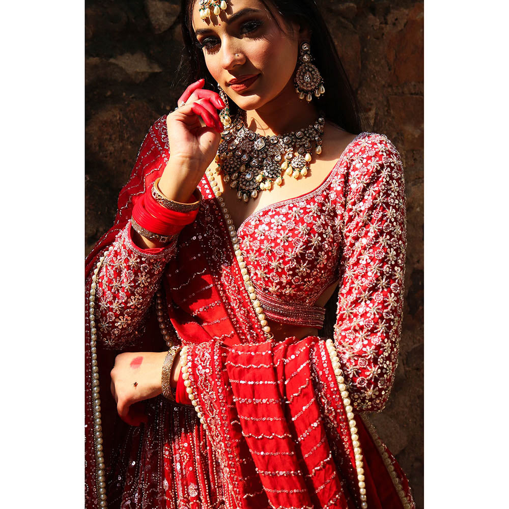 Amaltas Couture Naazim Raw Silk Red Embroidered Blouse with Lehenga and Dupatta (Set of 3)