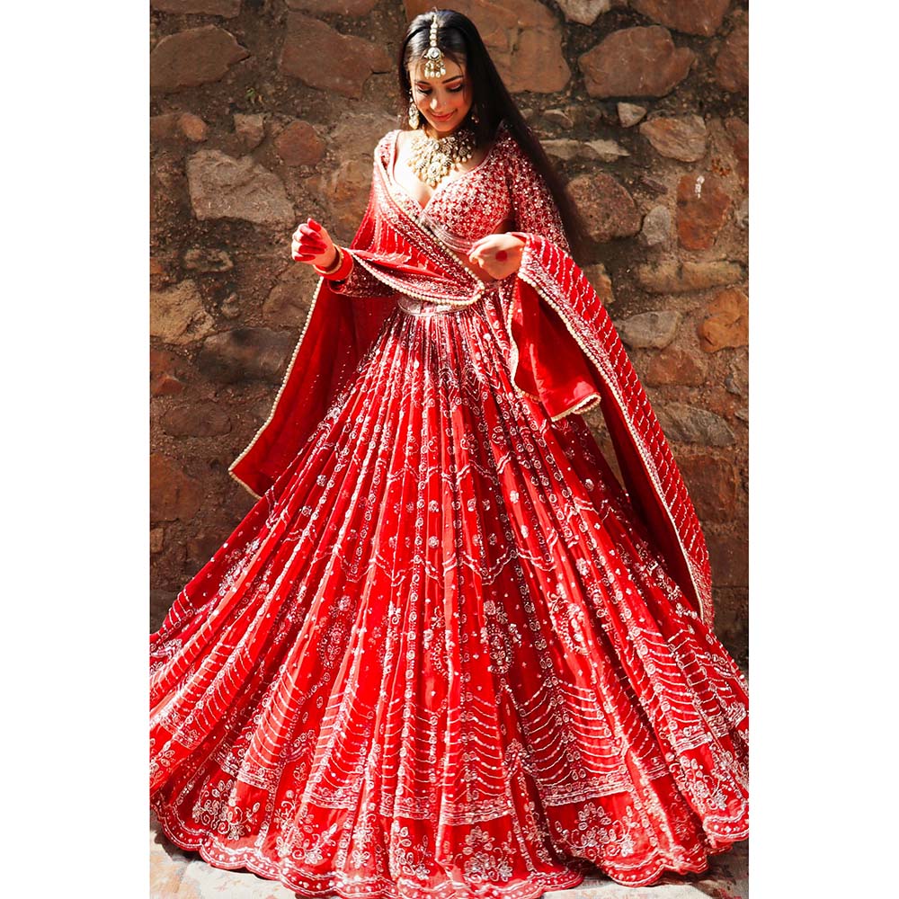 Amaltas Couture Naazim Raw Silk Red Embroidered Blouse with Lehenga and Dupatta (Set of 3)