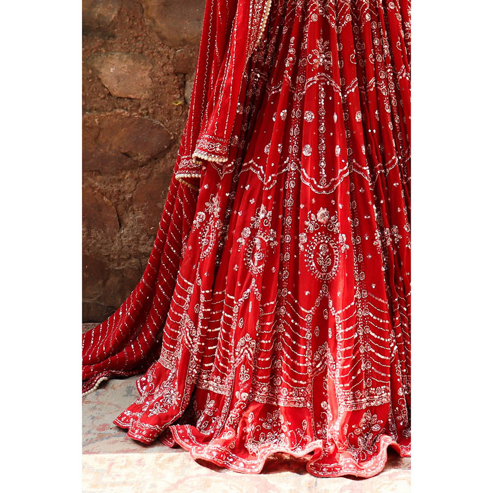 Amaltas Couture Naazim Raw Silk Red Embroidered Blouse with Lehenga and Dupatta (Set of 3)